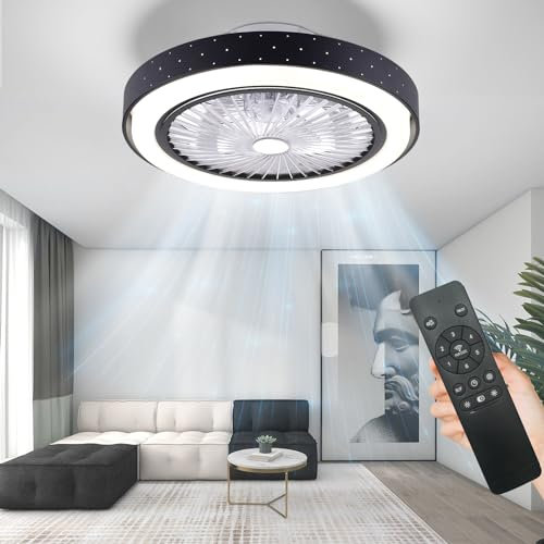 POWROL Deckenventilator mit Licht, Low Profile Deckenventilatoren mit Lichtern Umkehrbare Deckenventilatoren mit Fernbedienung 3 Farbe 6 Geschwindigkeit Deckenventilatoren für Wohnzimmer