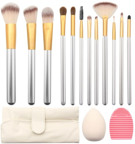 ZOCONE Pinselset Makeup 12 Stück Professionelles Make Up Pinsel Set,1 Reinigungsei, 1 Make Up Schwamm, Für Fontation Concealer, Lidschatten Rouge, Blush Palette, Puder, Mit Beige Ledertasche