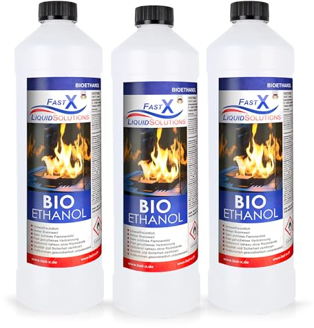Fast X Bio Ethanol 3x1L - 100% Natürlich, für Ethanolkamine & Alkoholbrenner. Umweltfreundlich & geruchsfrei, sicher für Raum- & Gartenfeuer mit rückstandsloser Verbrennung