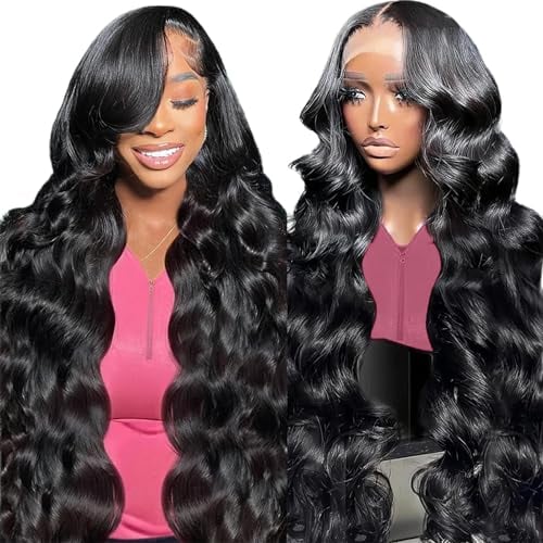 24 Zoll Echthaar Perücke 13x4 HD Lace Front Wig Human Hair Body Wave Human Hair Wig with Baby Hair 200% Dichte Natürliche Gewellte Echthaar Perücke Pre Plucked Perücke Damen Echthaar 60cm