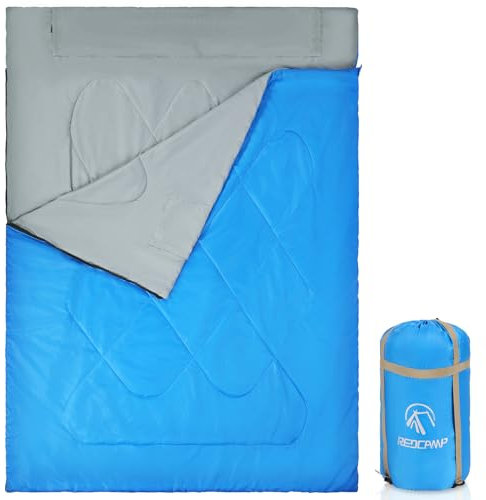 REDCAMP Ultraleichter Doppelschlafsack für Erwachsene mit 2 Kissenbezügen, für 2 Personen, warmes Wetter, Queen-Size-Schlafsack mit Kompressionssack, für Camping, Rucksackreisen, Wandern (Blau, 220 x