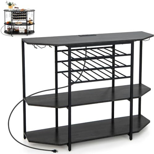 GiantexUK Wine Bar Cabinet, 3-Tier Kitchen Bar Table with 21 Bottles Wine Rack, Glass Holder, Charging Station & Adjustable Foot Pads, Storage Drinks Organizer for Dining Living Room (Grey)