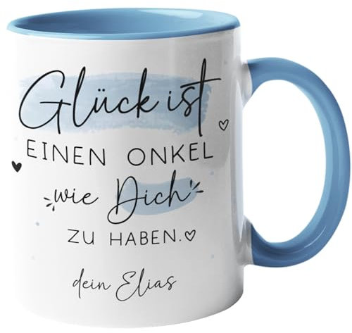 Personalisierte Tasse mit Wunschnamen Glück ist Geschenk zum Muttertag, Geburstag, Ostern, Vatertag, Weihnachten. Mama, Oma, Papa, Opa, Freundin - 330ml (Onkel, Tasse - Innen & Henkel Blau)