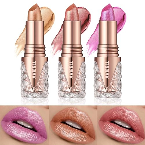 EONFAVE Perlglanz Lippenstift Kit, 3 Farben Lipstick Set, Shimmer Glitzer Lippenstift 24 Stunden Halt, Cremige Textur, Farbintensiv, Langanhaltende, Leicht Aufzutragen, Sexy Colors Lipsticks