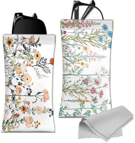 Deokke 2 Stück Weich Brillenetui,PU Leder Weiches Brillenetui Brillen Sonnenbrille Tasche Portable Squeeze Weiches Leder mit Reinigungstuch Nett Niedlich für Frauen Männer Mädchen(D6-Blume)