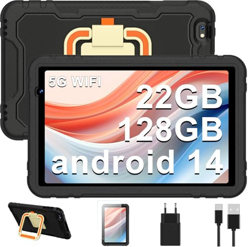 JUEDUR Kinder Tablet 10 Zoll Android 14, 5G WiFi | 22GB+128GB (1TB TF) | Elterliche Kontrolle | 8000 mAh | Octa-Core | 5MP+8MP | mit Kindgerechte Hülle Eva Schutzhülle + 360° drehbarer Bügel -Schwarz