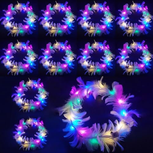 Haarreifen Weihnachten,12Stück LED Weihnachts Haarreif Stirnband mit Licht Haarschmuck Mädchen Kopfschmuck Weihnachten LED Federkranz Stirnband Leuchtender Haarkranz Feder Party für Kinder Erwachsene