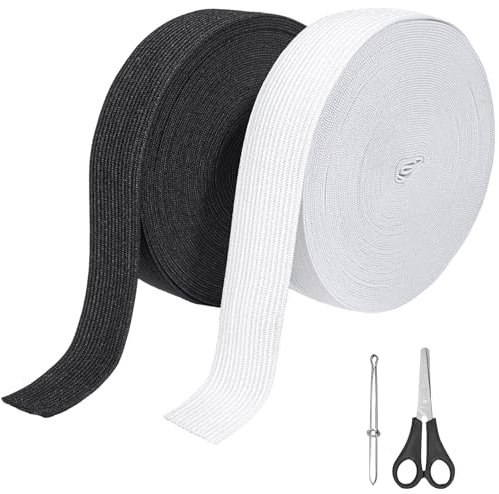 Furuising 2 Rollen Gummiband 30mm Breit, 20M Schwarz Weiß Gummiband Nähen, Elastische Hosengummi, Gummibänder Breit, Elastic Band mit Einfädelzange, Schere für Hosenbund DIY Handwerk
