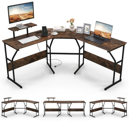COSTWAY L-Shaped Computer Desk, 225cm Convertible Double Study Writing Workstation with Movable Monitor Stand, Corner Home Office Desk PC Laptop Gaming Table for 2 Person (Rustic Brown)