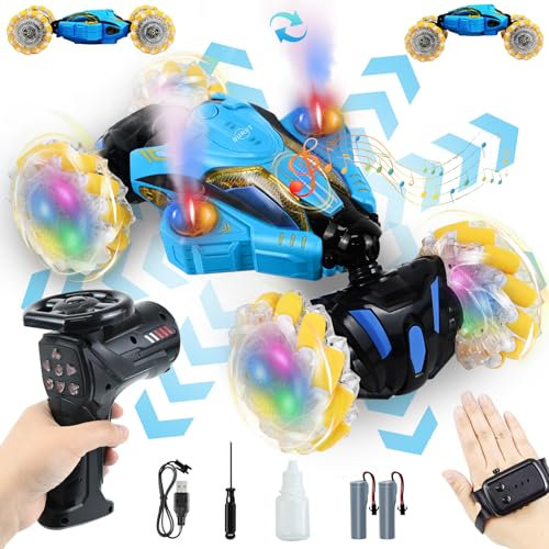 Ulikey Ferngesteuertes Auto mit Handsteuerung, RC Car mit Musik Licht & Sprühen, 360° Drehung Drift Car Spielzeug 4WD 2,4 GHz Stunt Auto, Auto Spielzeug Geschenk ab 5 6 7 8 9 10 Jahre Kinder (Blau)