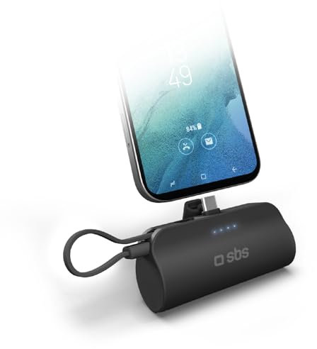 SBS Power bank 5000 mAh con supporto, powerbank con cavo USB-C integrato rimovibile, batteria esterna con connettore USB-C integrato, universale per Samsung, iPhone 15, iPhone 16, Xiaomi, nero