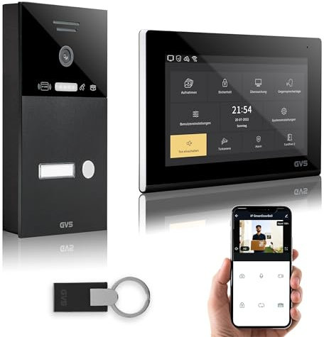 GVS - IP Video Türsprechanlage mit Türöffner, RFID Zugang, HD Kamera, 1x 7 Zoll Monitor & App - Smarte Video Türklingel mit Kamera & Gegensprechanlage für 1 Familienhaus (AVS4284A)
