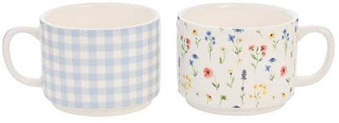 Eggs-traordinary Gifting - Set of 2 Stacking Ceramic Mugs - Gingham and Flower Design - 320ml / 11oz Capacity - Tea, Coffee & Hot Drinks Spring/Easter Home Decor & Homeware.