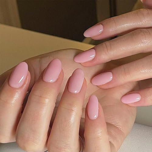 Stick on Nails - 24pcs Pink Press on Nails - Short Square Fake Nails with Glue - 12sizes Natural Young Color Glossy Full Cover Acrylic Nail for Women Girls Daily Wear