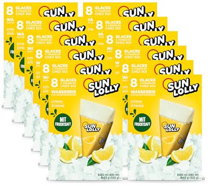 Sun Lolly Wassereis Zitrone 12er Vorratspack | Mit Fruchtsaft | Zum Selbsteinfrieren | Ohne künstliche Aromen | Frei von Süßungsmittel | Laktosefrei | Glutenfrei | 12 x 480ml
