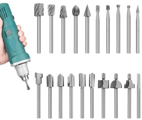 20Pcs Wood Carving Bits Engraving Router Bits, 1/8(3mm) Shank Wood Trimming Cutter, HSS Different Rotary Burr Set for DIY Woodworking, Carving, Drilling, Engraving, Trimming
