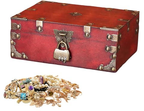 XPJBKC Vintage Holz Schatztruhe, 24 x 17 x 9.5 cm Holz Aufbewahrung Schatzkiste, Schatztruhe mit Zahlenschloss, Holztruhe Schatzkiste Holzkiste für Kindergeburtstag Hochzeit Dekorieren, Rot