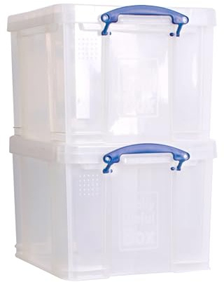 Really Useful Box Plastic Storage 35L with Two 16 Trays Clear Pack of 2