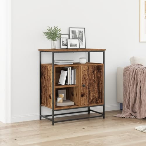 Pangshiyuan Rustikaler Sideboard aus Holz mit 3 Fächern, MDF & Stahl, Vintage Design, Viel Stauraum, Esszimmer & Wohnzimmer, Braun, 69x35x80 cm