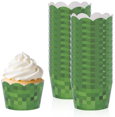 24stk Pixel Cupcake Förmchen, Cupcake Förmchen mit Videospiel-Thema Grünes Gras Dekorativer Kuchenhalter für Geburtstagspartys von Jungen und Mädchen Kuchen Dessert Dekoration