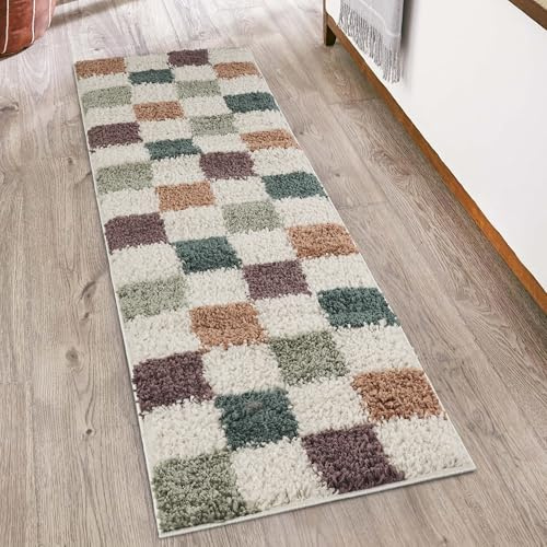 Chester Checkered Soft Shaggy Hallway Runner Rug, Multi, 60x220cm