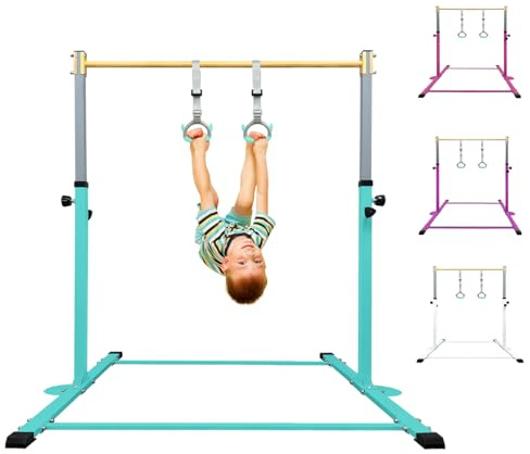 HomeSun Gymnastikstange für Kinder Robuste Kip Bar mit Ringen horizontale Turnreck für Heimtraining Höhenverstellbar 90-150cm Trainingsgerät bis 100 kg Alter 3-15 (Reck, Türkis)