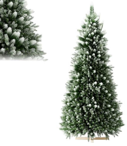 LILIIN Albero di Natale artificiale di alta qualità, 180 cm, con rivestimento di neve artificiale sulle punte, verde PVC + polietilene, con sistema di piegatura, supporto in legno, senza luci