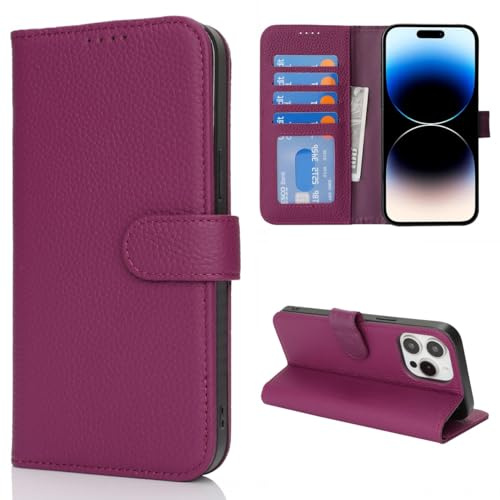 Cavor Cover compatibile con iPhone 14 Pro Max Custodia a portafoglio in pelle vera e propria [4 porte carte][RFID Blocker],protezione custodia - rosa viola