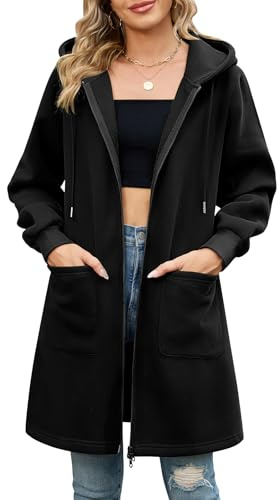 Vancavoo Felpa Lunga Donna con Cappuccio e Zip Bidirezionale | Giacca Casual con Coulisse, Polsini a Costine e 2 Tasche Applicate, per Primavera, Autunno e Ogni Giorno