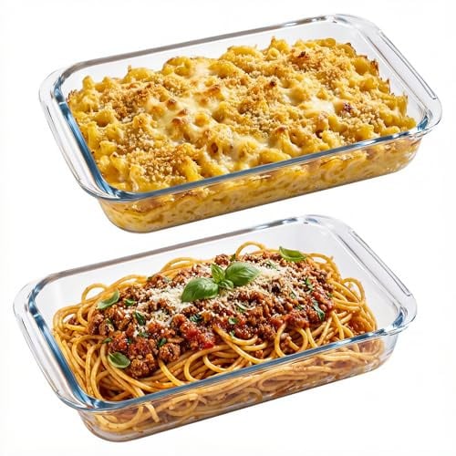 Hejo 2 Pcs Glass Lasagne Dish, 1L Glass Oven Dish with Handle | Heat Resistant Baking Dishs, Transparent Rectangular Baking Tray, Pyrex Dishes for the Ovens, Oven Safe & Microwave Safe