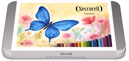 Seccorell Chroma: 16 Finger-Wischmalfarben in stabiler Metallbox | 16 Farbstäbchen, Reibeblock, Reinigungsbürste & Radierminenhalter. Inneneinsatz für sicheren Transport für Schule & Zuhause.