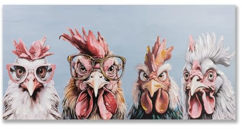 formano Wandbild Hühner Bauernhof 50x100 cm Leinwandbild 4 Hähne modern - Großes Deko Bild Küche Esszimmer Landhaus Stil - Hochwertiger Kunstdruck Querformat
