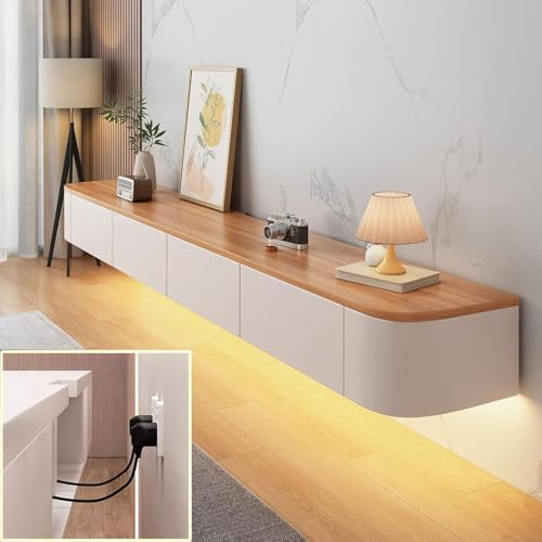 Wandmontierte TV-Schrank, Wand-TV-Schrank, Hängendes TV-Board Aus Massivholz Mit Türen Und Schubladen, TV Lowboard For Wohnzimmer Büro, 120/140/160/180 Cm, TV 43 55 65 Zoll(Wood+white,240cm)