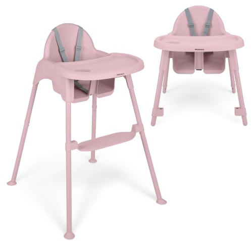 KikkaBoo Chaise Haute Bébé 2 en 1 OATY, Chaise de Repas Convertible pour Enfants jusqu’à 15 kg, Double Plateau Réglable avec Porte-Gobelet, Harnais 5 Points, Repose-Pieds Réglable, Rose