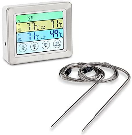 ADE Bratenthermometer BBQ1903. Digitales Grill-Thermometer mit LCD Touch-Display, 2 Messgabeln aus Edelstahl. Elektronisches Ofenthermometer für den perfekten Garpunkt. Inkl. Batterien silber