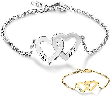 Personnalisé argent Charme Bracelets pour Femme Les filles L'amour Infini Double Cœur Ajustable Chaîne 21 30 Anniversaire Les mères journée Cadeaux Gravé 2 Nom Inoxydable Acier