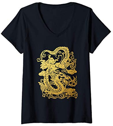 Femme Dragon Mythique Japonais Coréen Asiatique Chinois Doré T-Shirt avec Col en V