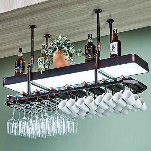 MYAOU Weinglasregal Hängende kopfüber Gläser Decke Weinregal mit leichten Retro-Glasvitrinen Höhenverstellbare Barregale, Schwarz/Bronze