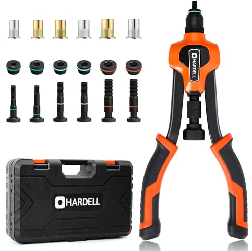 HARDELL Herramienta de tuercas remachadoras de mano de 35,56 cm – 7 mandriles métricos y pulgadas M6 M8 M10, 1/4-20, 5/16-18, 3/8-16 – 70 tuercas de remache surtidas y estuche de transporte resistente