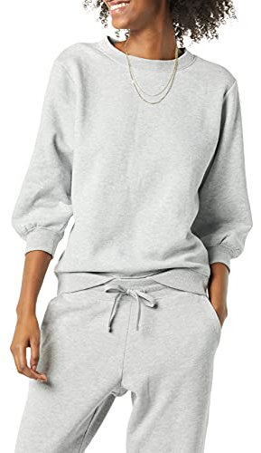 Amazon Essentials Women's French Terry Fleece Crewneck Sweatshirt with Sleeve Detail, Grey Heather, L