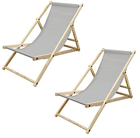 ECD Germany Set di 2 Sedie Sdraio Pieghevoli in Legno di Pino e Tessuto Oxford Fino a 120 kgGrigio Chiaro Lettino Prendisole Spiaggia Balcone Giardino Terrazza Piscina Spiaggina da Esterno Resistente