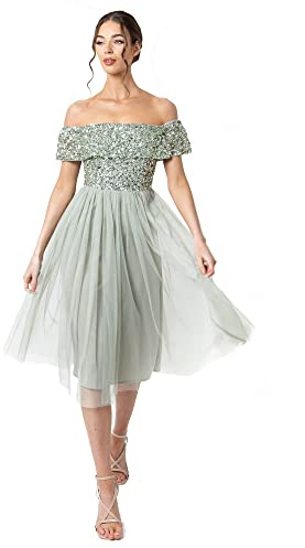 Maya Deluxe Ladies Bardot Dresses for Women Midi High Empire Waist Sequins Embellished Formal Evening for Wedding Guest Bridesmaid Summer Green Lily Size 22