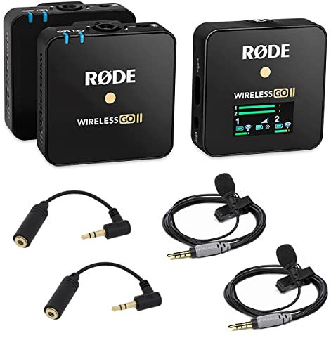 Rode Wireless GO II - Sistema inalámbrico de micrófono de 2 canales + 2 x Smartlav + 2 x Keepdrum ADP03 cable TRRS-TRS de 3,5 mm