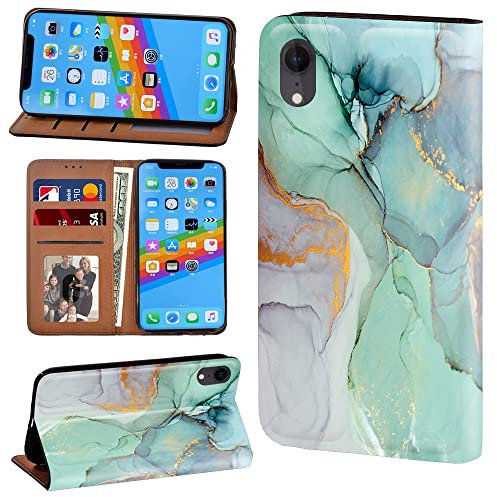 Design Printed Phone Case Fit iPhone XR, Soft Silicone TPU inner case + High-grade Leather Flip Wallet Stand Phone Case Cover for Apple iPhone XR (light green)