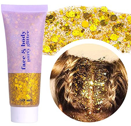 Prreal Body Glitter gel 50ml, Mermaid Sequins Chunky Glitter Liquid kit, Long-Lasting Glitter Powder Gel For Festival Masquerade Birthday Makeup#Gold