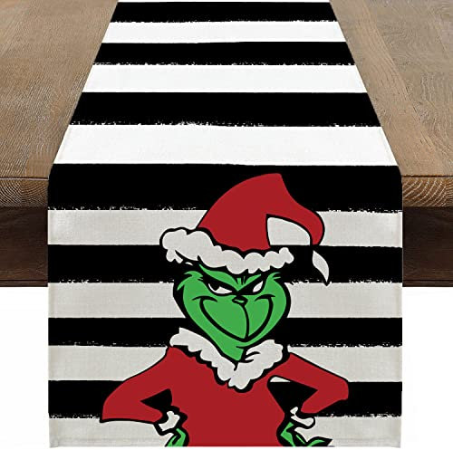Ohok Weihnachten Tischläufer 33 x 183 cm, Leinen Weihnachtsgrinch Serie Tischläufer Küche Esstisch Dekoration für Drinnen und Draußen Urlaub Party Bauernhaus Wohnzimmer Dekor (Streifen)