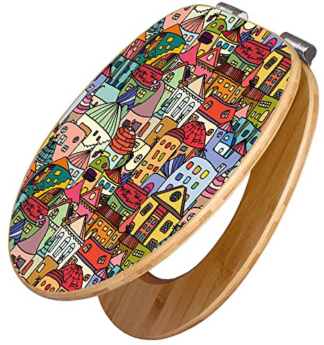 banjado Design WC Sitz Bambus Absenkautomatik 45,8x37,5cm / Toilettendeckel mit Absenkautomatik Holz/hochwertiger Bambus Klodeckel/WC-Sitz für gängigen Toiletten/Motiv Funky Town