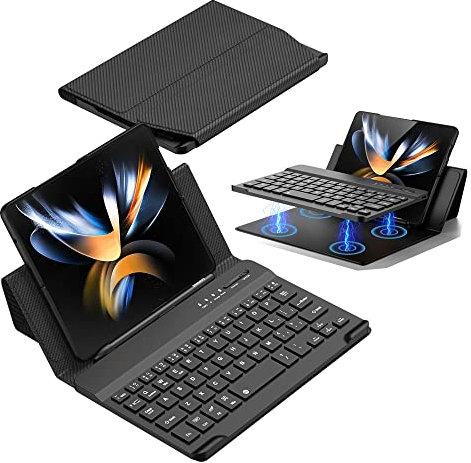 Leather Cover for Samsung Galaxy Z Fold4 with Keyboard Holster and S Pen Holder, Light Luxury Elegant with Kickstand Bluetooth Keyboard Wirelessly Connects Fold4 Leather Case, Carbon Fiber Black