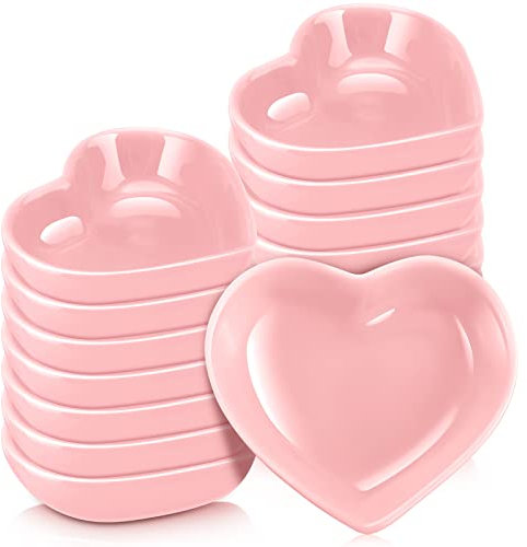 Zopeal 12 Pcs Heart Shaped Bowls Ceramic Dishes Valentine‘s Day Plates Multipurpose Salad Appetizer Plates Cooking Gift for Candy Sauce Sushi Dipping Serving Wedding Anniversary (Pink)