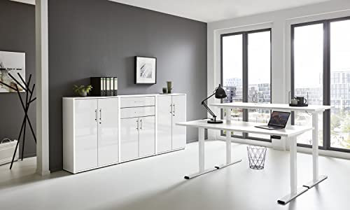 moebel-dich-auf Arbeitszimmer e-TABOR 15 in diversen Farben höhenverstellbar (Gestell: weiß, Korpus-Front: weiß/weiß Hochglanz, Tischplatte: weiß, Abmessung Tischplatte: 160 x 80 cm)